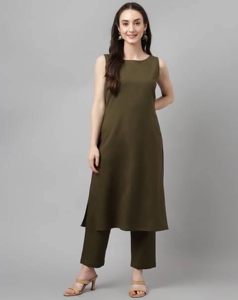 FIORRA Women's Olive Rayon Silk Straight Kurta Set 