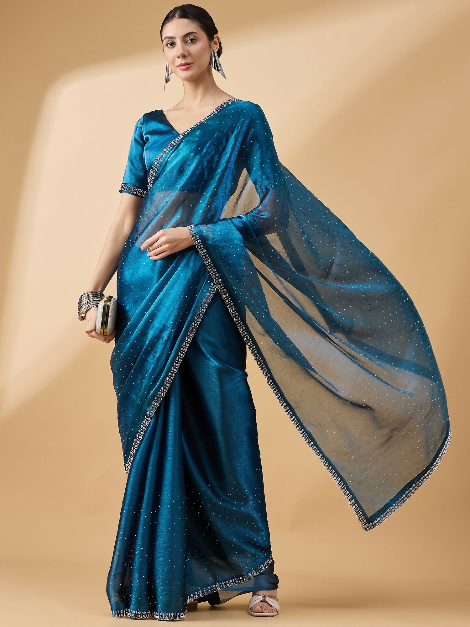 Teal Organza Swaroski Diamond Work Saree with Unstitched Blouse - Radha