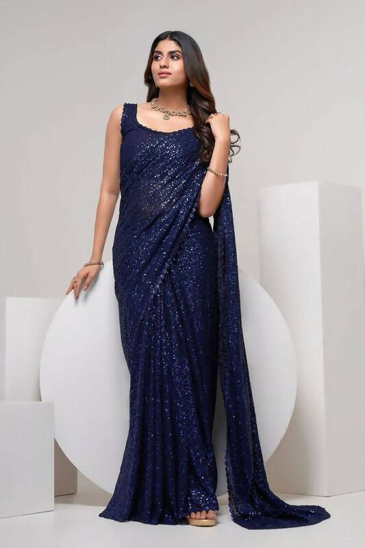 Aastha Fashion Women's Blue Thread & Multi Sequins Embroidery Work Georgette Saree with Blouse - Grab2buy