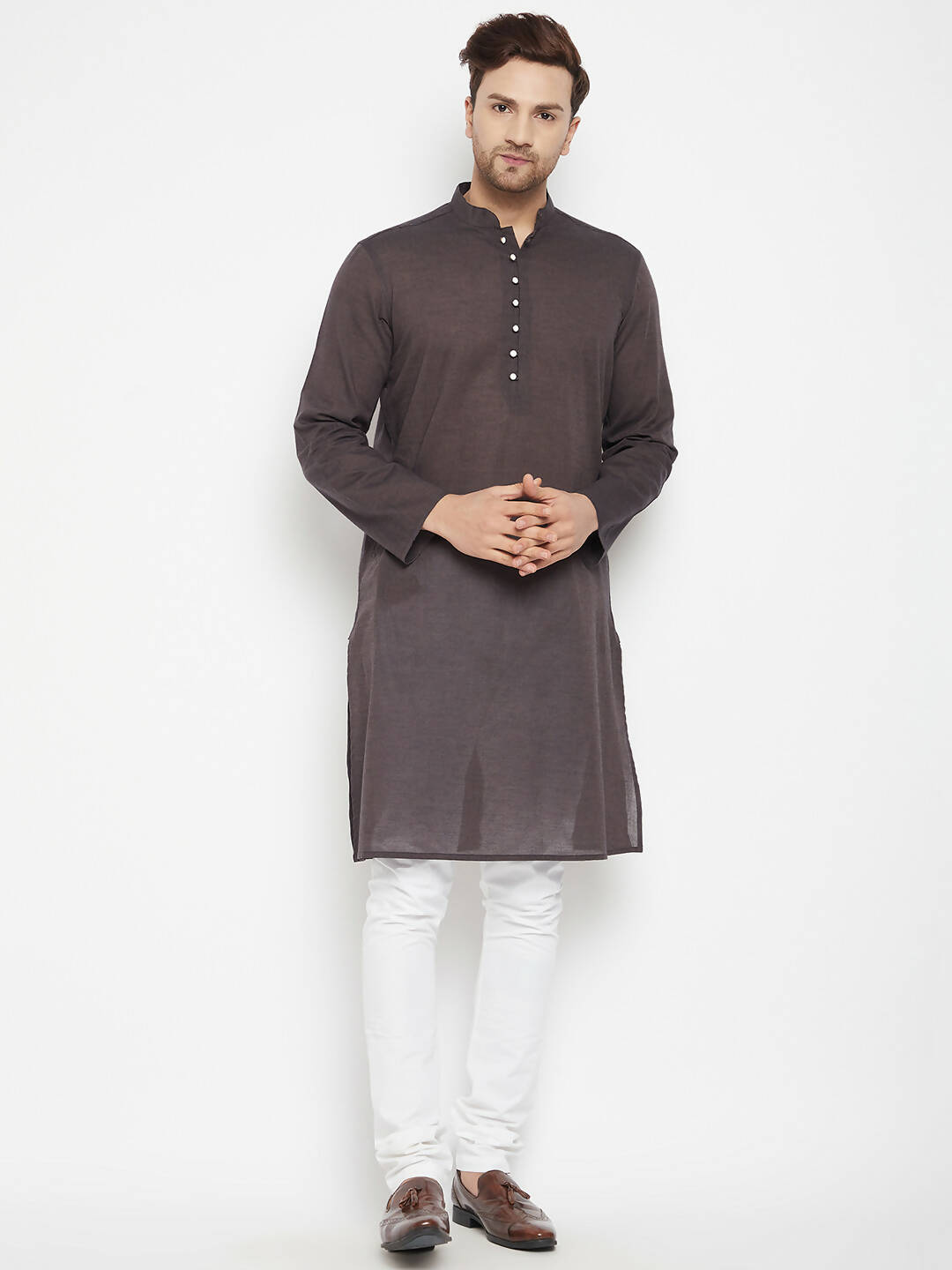 Even Apparels Brown Pure Cotton Long Men's Kurta With Band Collar 