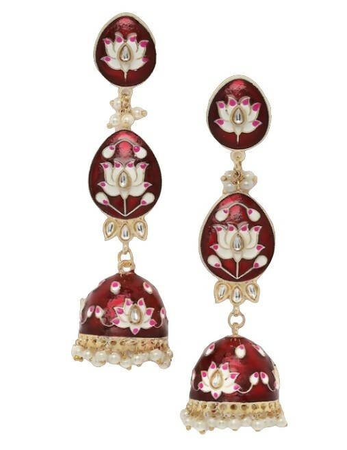 Alloy Base Metal Gold-Toned Kundan Oval Jhumkas Earrings for Women & Girls By House of Ree - Grab2buy