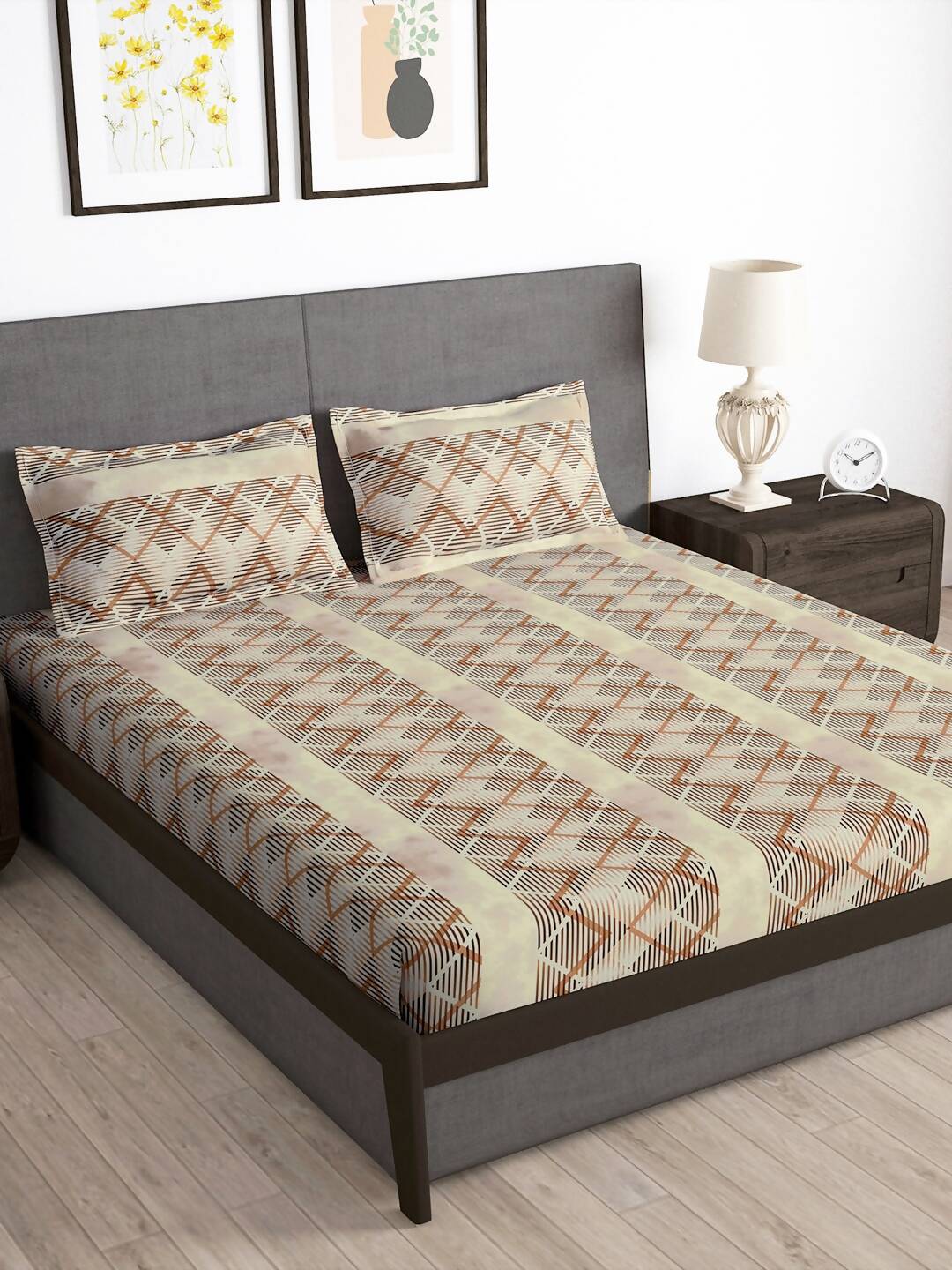 Story@home Brown & White Striped Microfiber 180 TC Bedsheet With Pillow Cover 