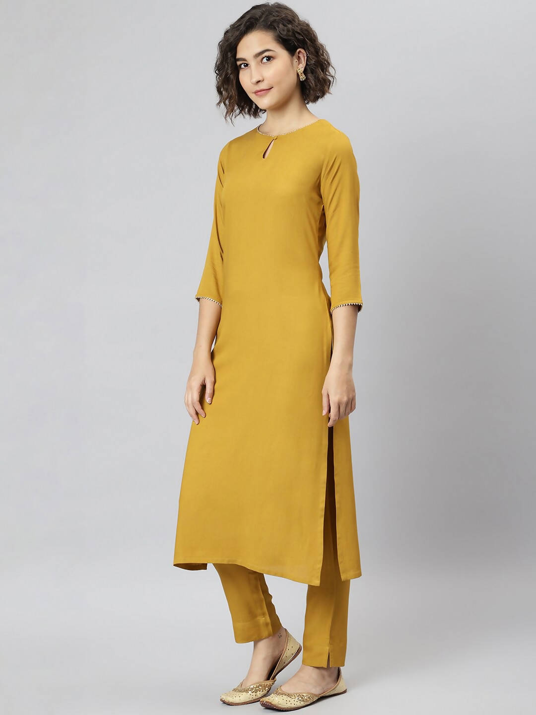 Janasya Women Mustard Yellow Regular Gotta Patti Kurta with Trousers & With Dupatta
