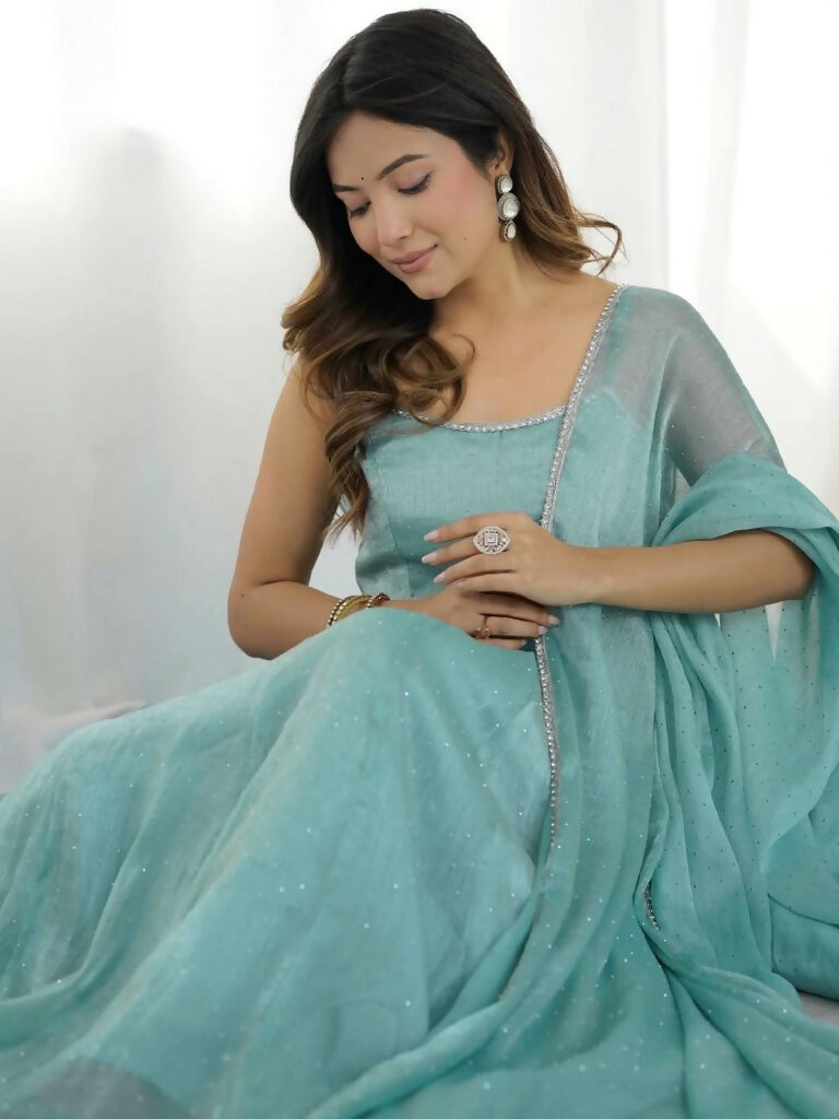 Teeya Creation Sky Color Crunchy Silk Serosky Work Party Wear Gown