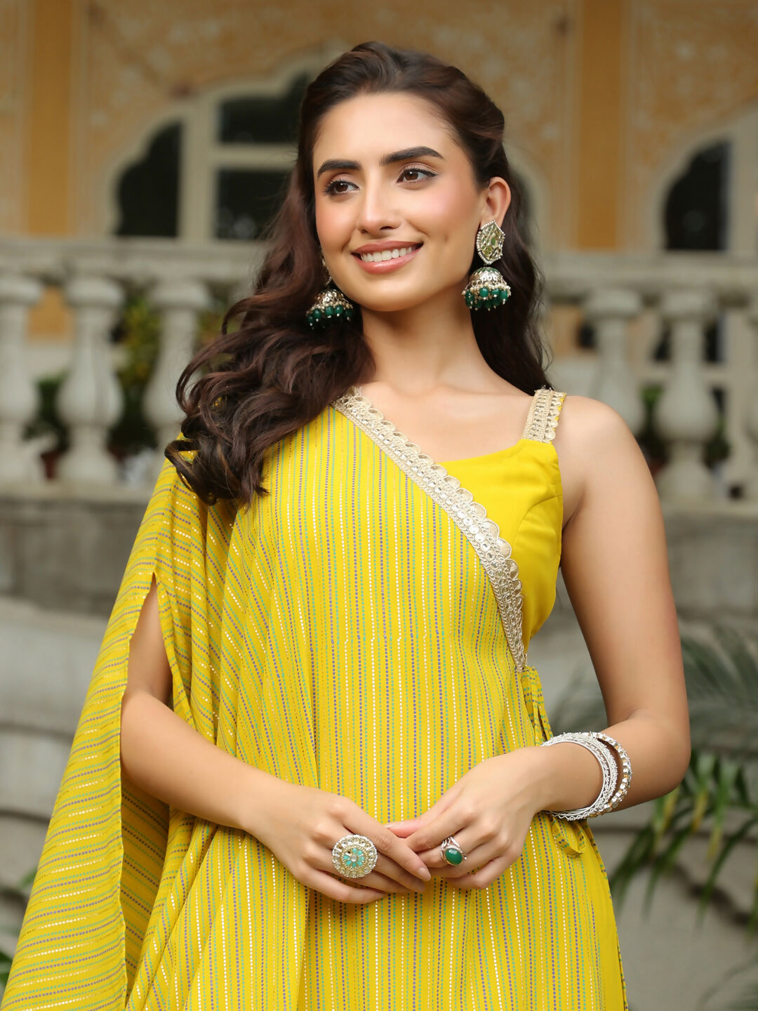 Janasya Yellow Georgette Solid Top Bottom Cape 