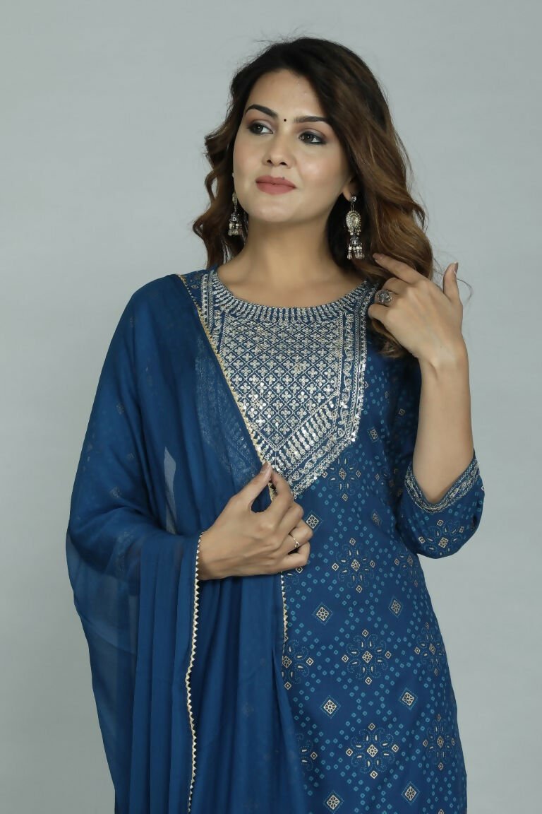 Alvano Printed Sequence Kurti with Pant and Dupatta set Rayon (Blue)