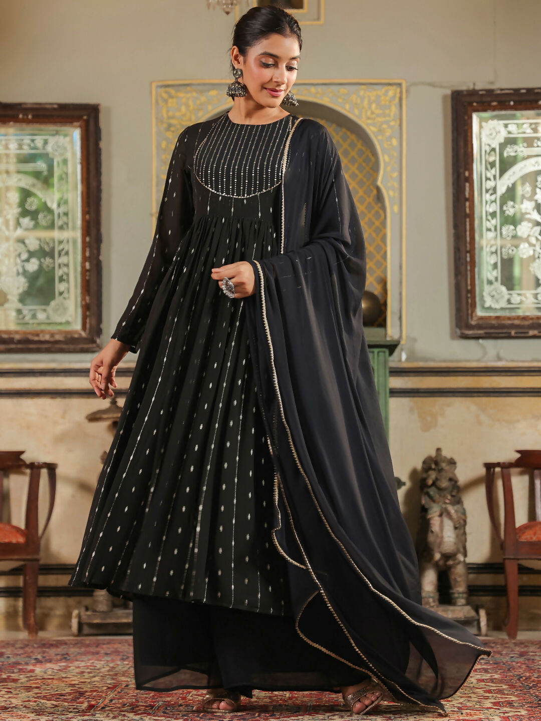 Janasya Black Georgette Foil Print Kurta,Bottom & Dupatta 