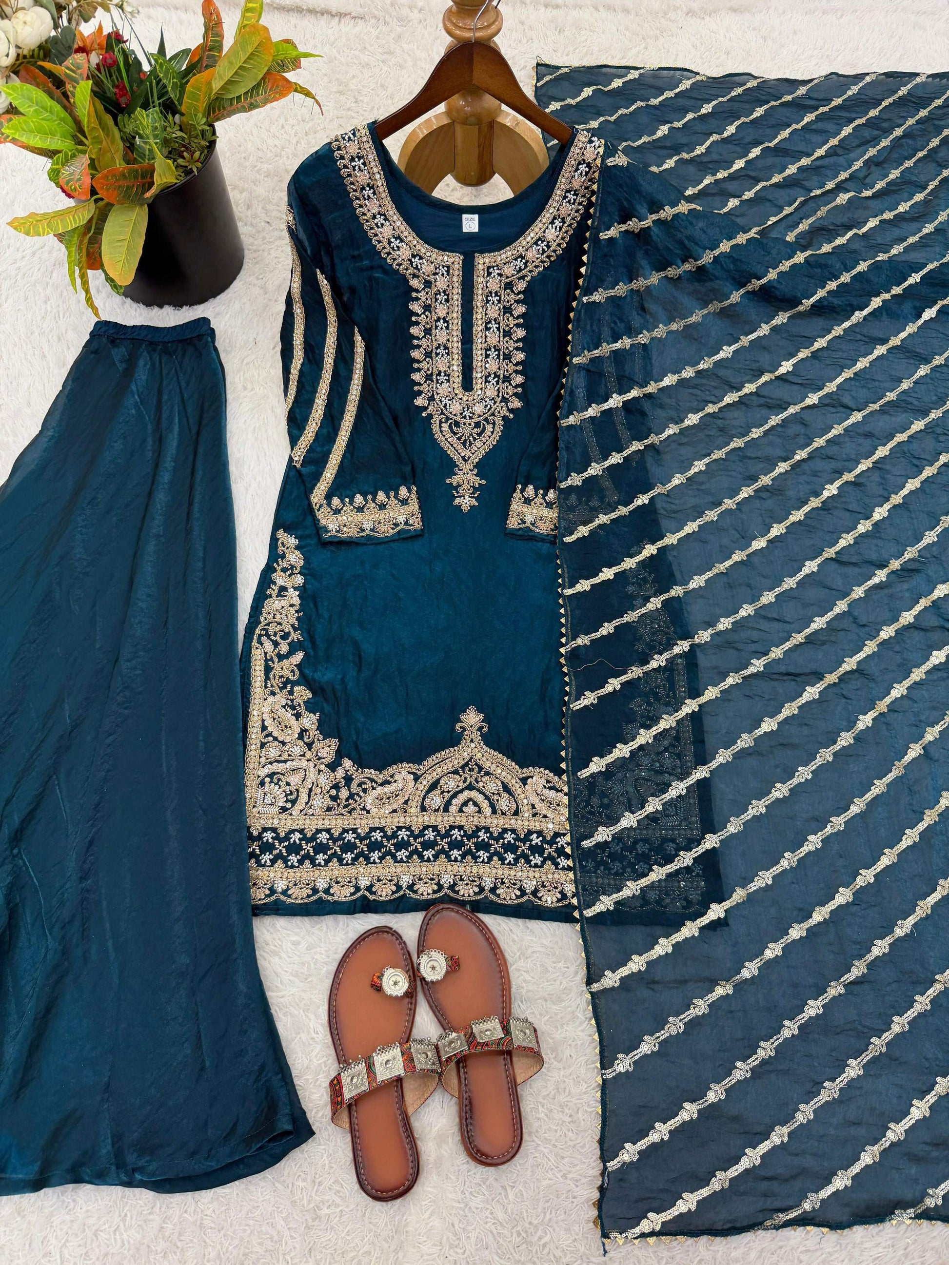 Teeya Creation New latest Trendy Embroidery Beads Work Kurta Sharara Set - Blue
