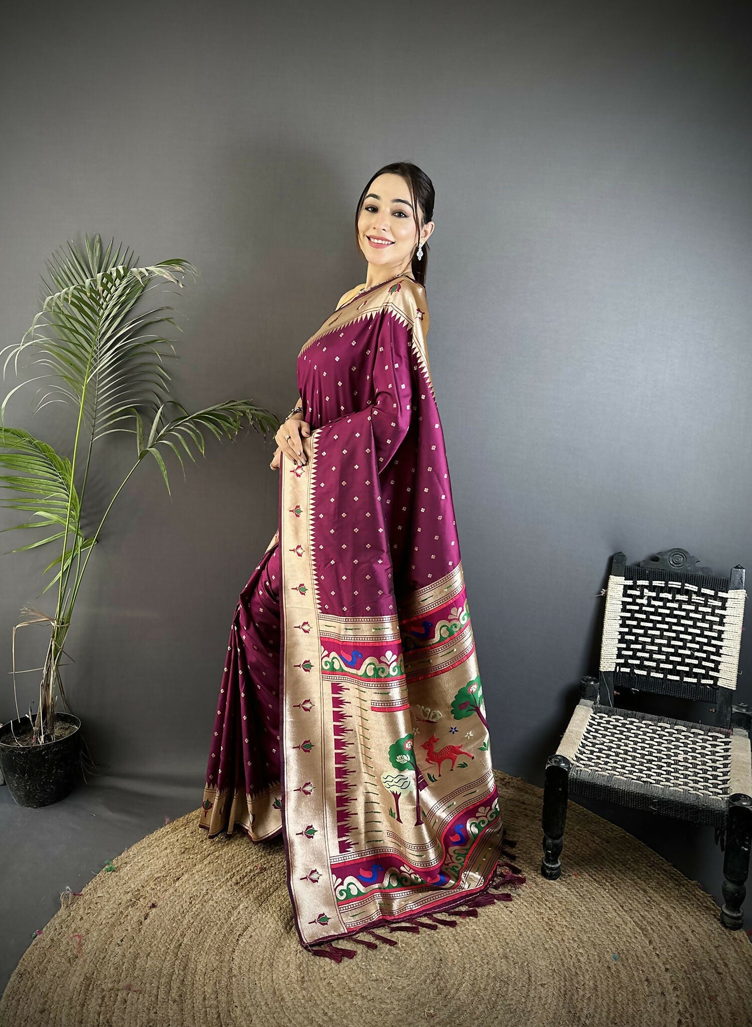 Joban Fashion Wine Peacock & Floral Motifs Soft Lichi Silk Kanchipuram Saree