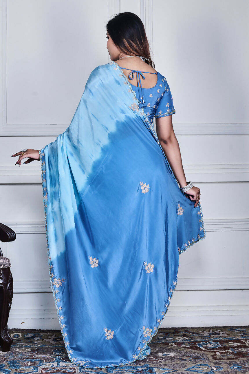 Morchari Sky Blue Crepe Hand Embroidery Saree And Stitched Blouse