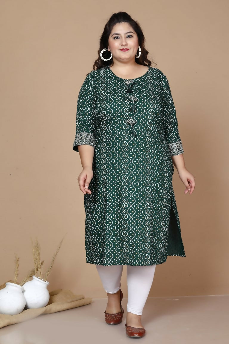 Miravan Women's Plus Size Rayon Bandhani Print Straight Kurta Green | Grab2Buy