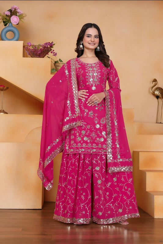 Lehenga Mart Designer Sharara Suit With Kurta, Sharara, Dupatta For Women-Rani Pink