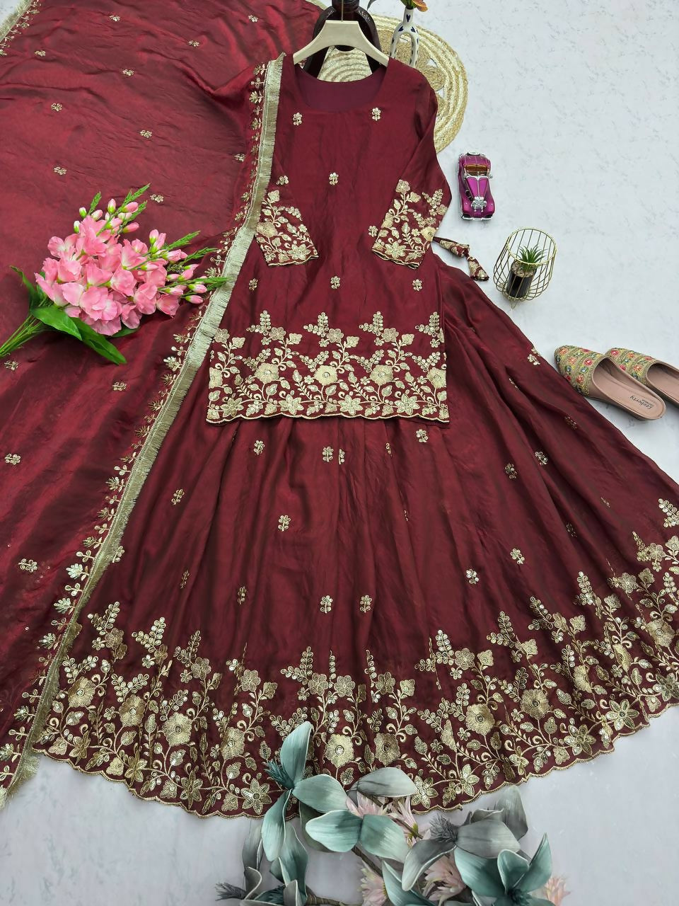 Teeya Creation Womens New Latest Heavy Embroidery Sequins Work Lehenga Set - Red