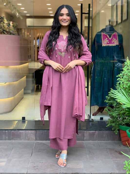 The52 Peach Women's Gorgeous Embroidered Cotton Fabric Straight Kurta Pant with Dupatta Set | Grab2Buy