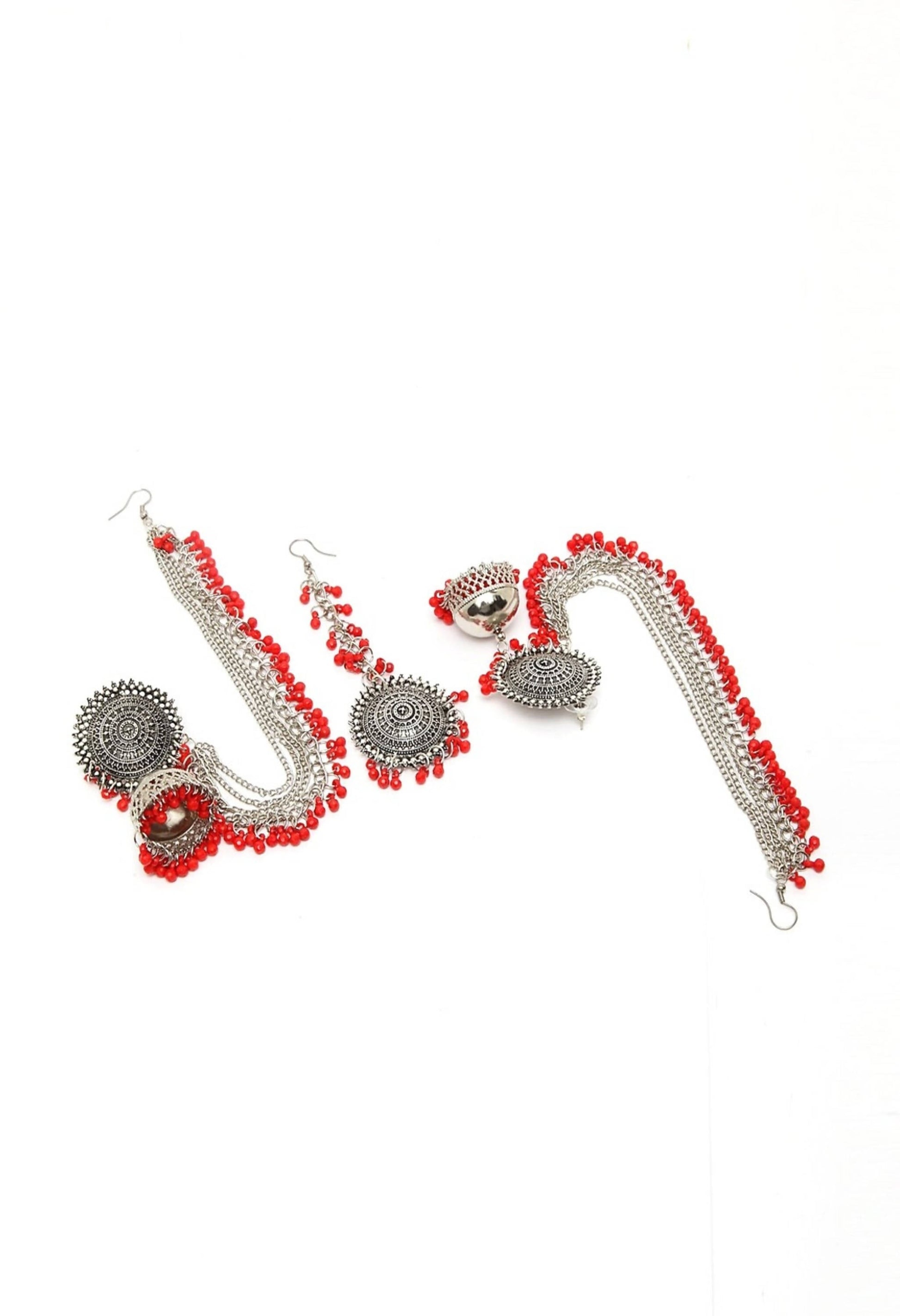 Mominos Fashion Johar Kamal Bahubali Red Beads Earrings With Tikka - Grab2buy