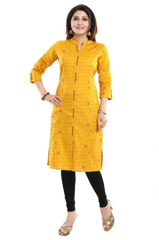 Snehal Creations Checkered Print Yellow Long Cotton Kurti