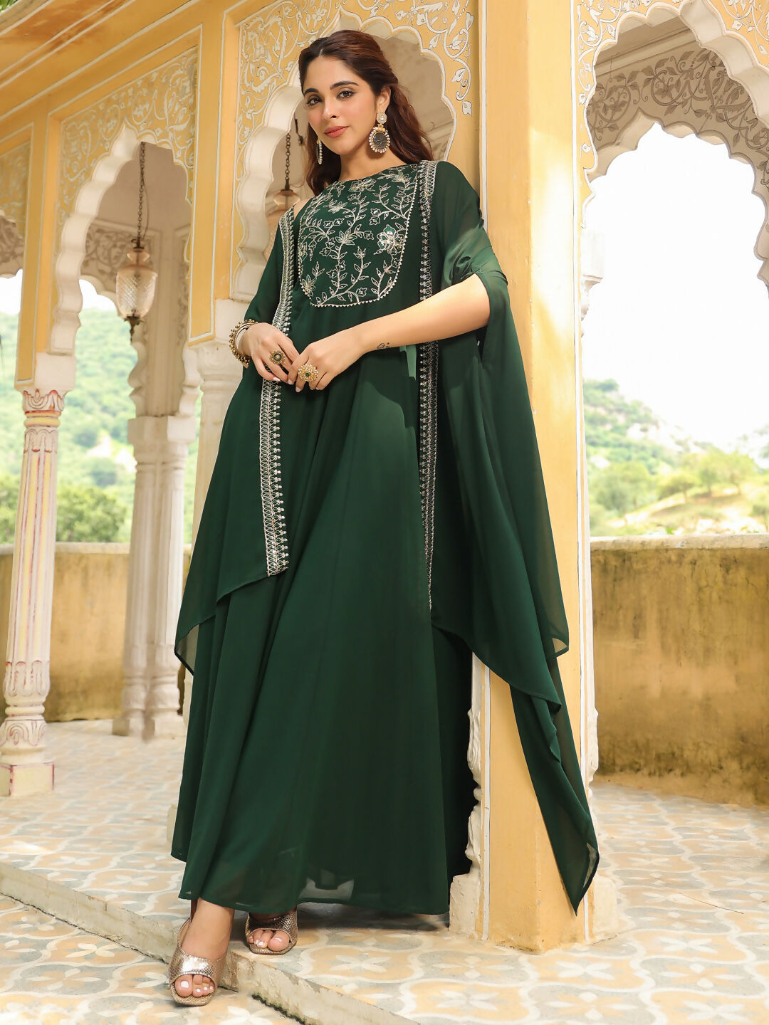 Janasya Dark Green Georgette Embroidered Dress & Jacket 