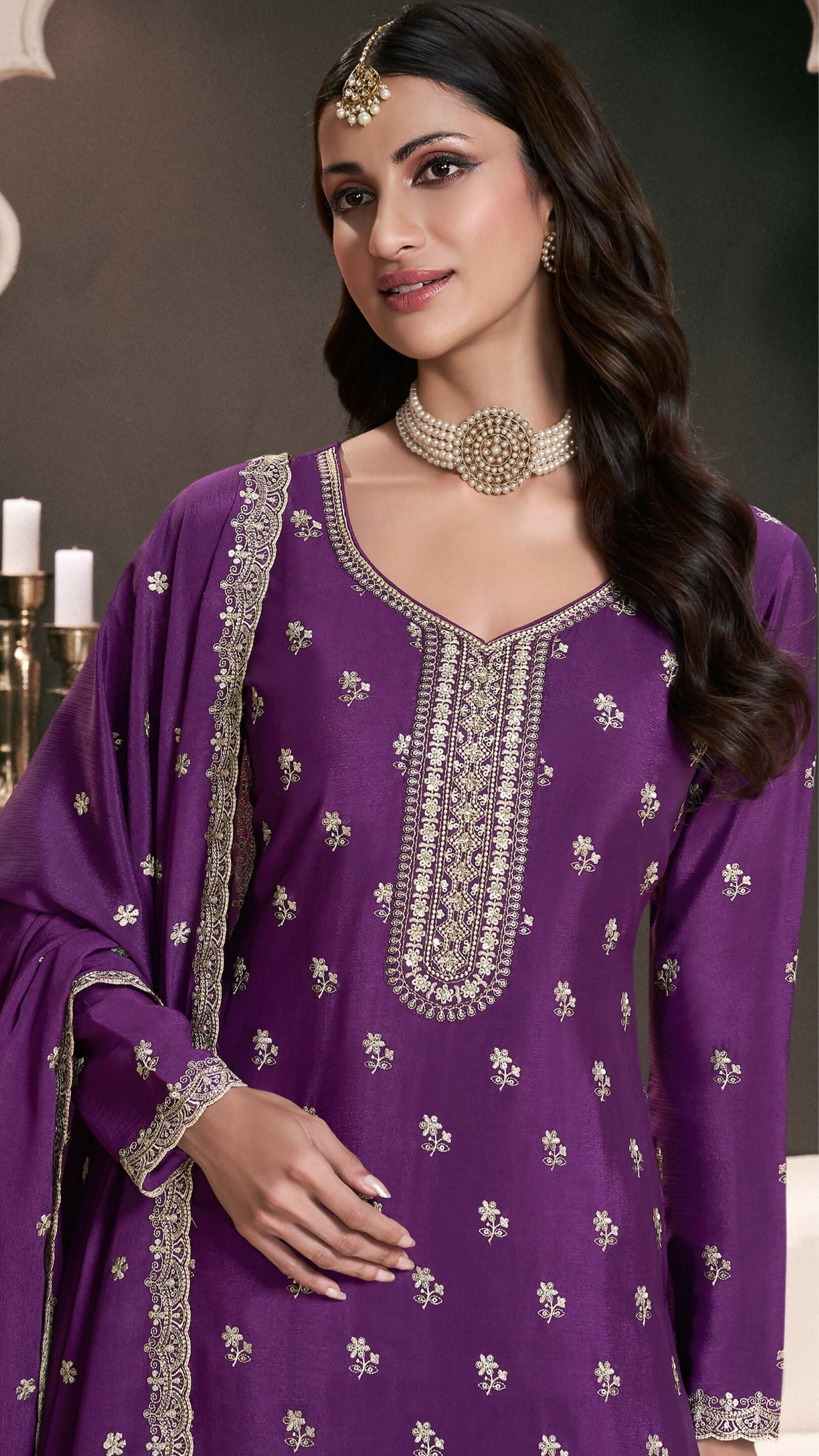 Anaita Purple Chinon Embroidered Thread Work Stitched Salwar Suit