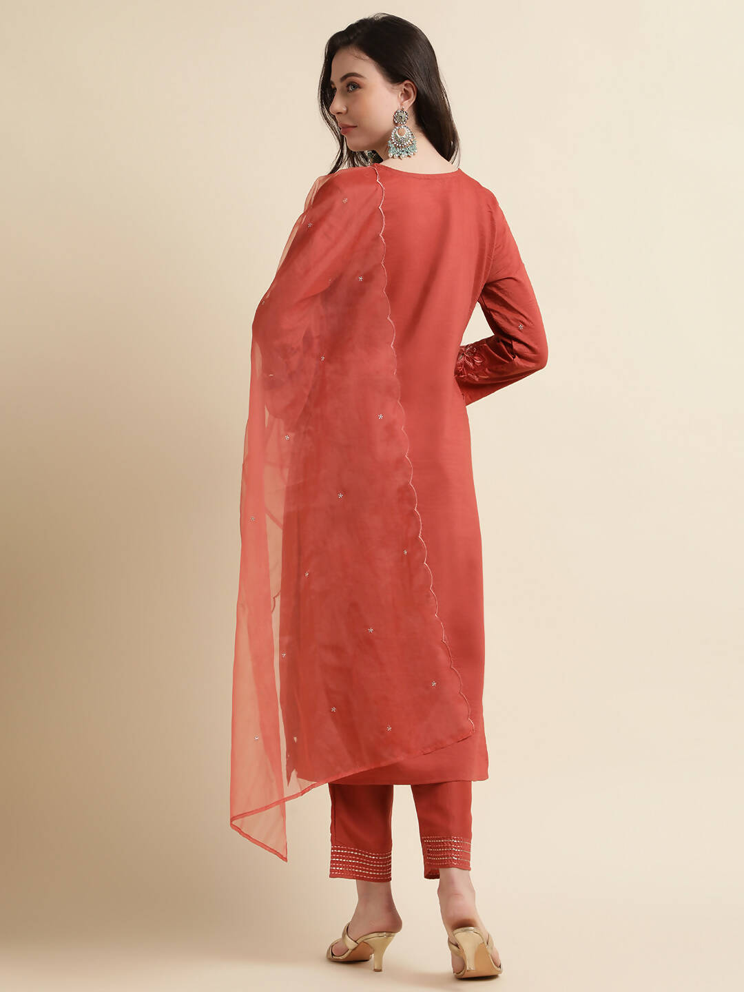 Orange Chinon Silk Embroidered Straight Kurta with Trouser & Dupatta - Salimar