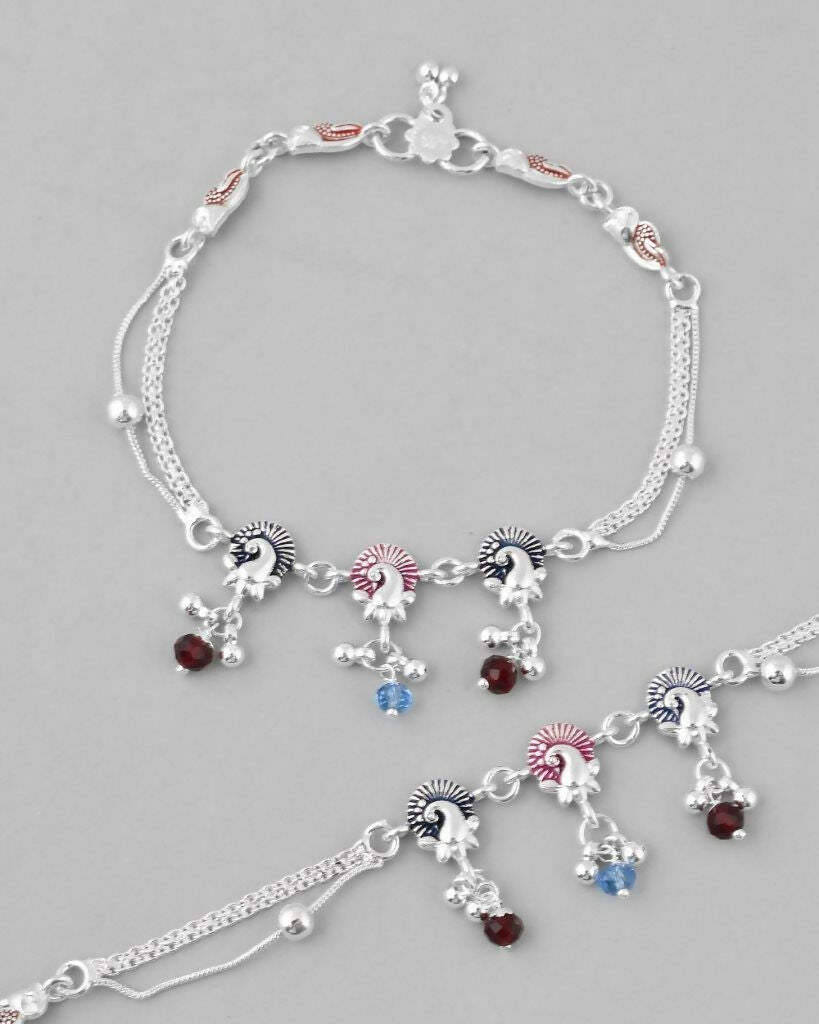 VOJ Set of 2 Silver Plated Peacock Shaped Multi Color Anklet 