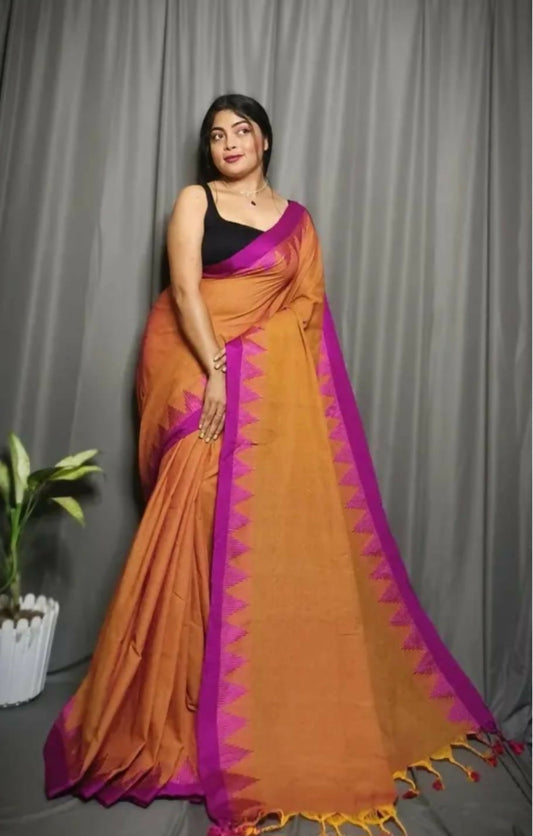 Exclusive Collection Beautiful Mustard Pure Cotton Woven Handloom Grab2Buy With Running Blouse Piece 