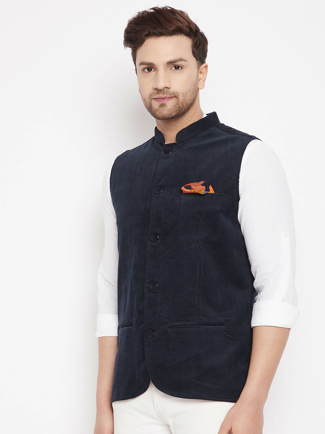 Even Apparels Navy Polyester Men's Nehru Jacket-Contrast Lining-Inbuilt Pocket Square 