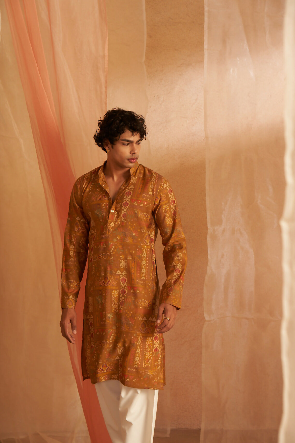 Brownish Yellow Modal Silk Designer Printed Men's Kurta Set - Mahotsav