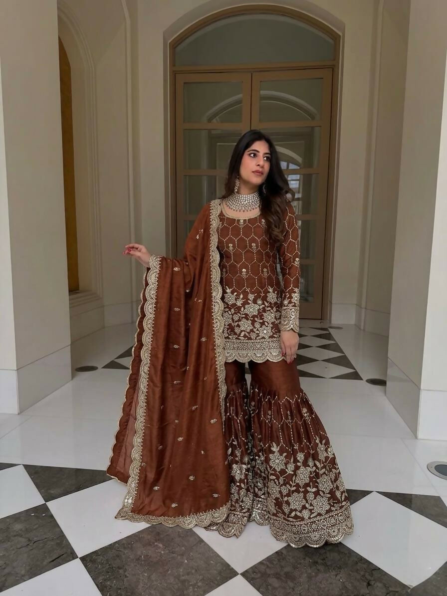 Teeya Creation New Trendy Latest Designer Embroidery Sharara Kurta Set -Brown