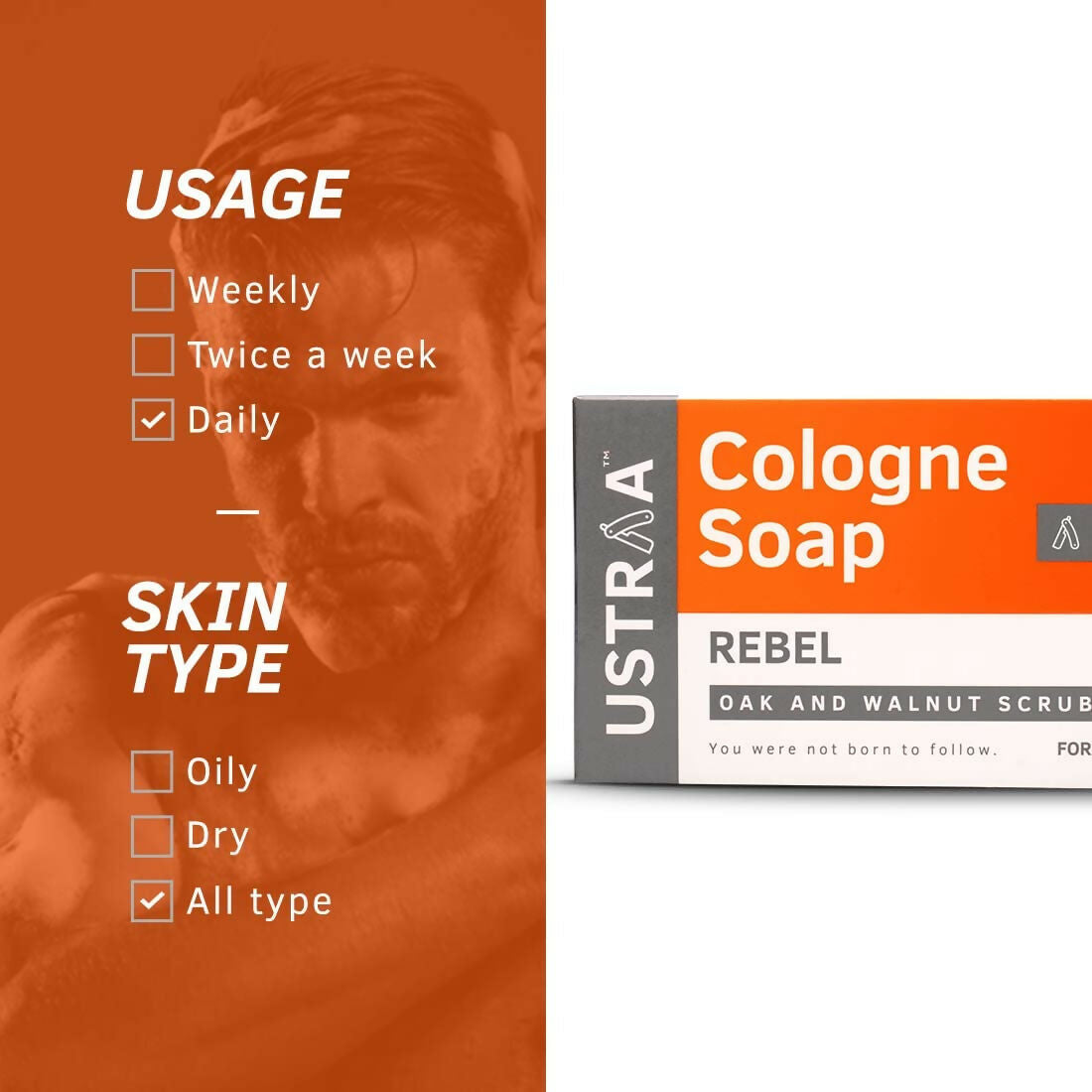Ustraa Rebel Cologne Soap with Oak & Walnut, Triple-milled Soap, Mild Exfoliation with Walnut Granules  Grab2Buy Ustraa Grab2Buy