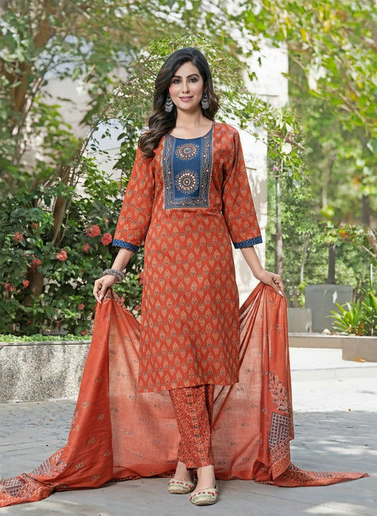 BulBul Aaliya Elegance Rust Cotton Kurta Set with Dupatta