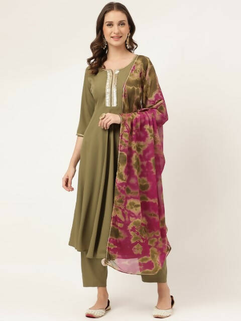 FIORRA Women's Olive Poly Crepe A-Line Kurta Pant With Dupatta 