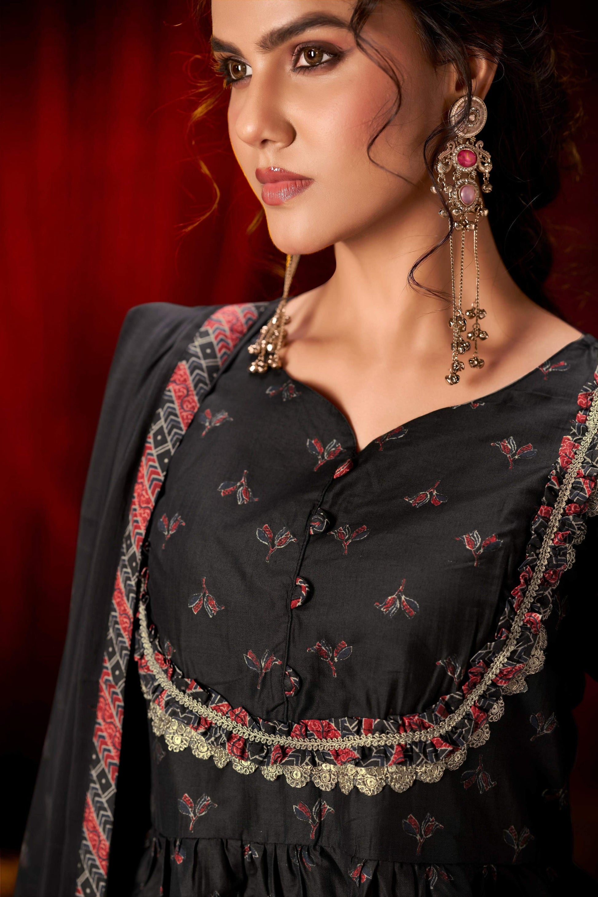BulBul Black Ajrakh Print Chanderi Silk Kurta Set with Dupatta 