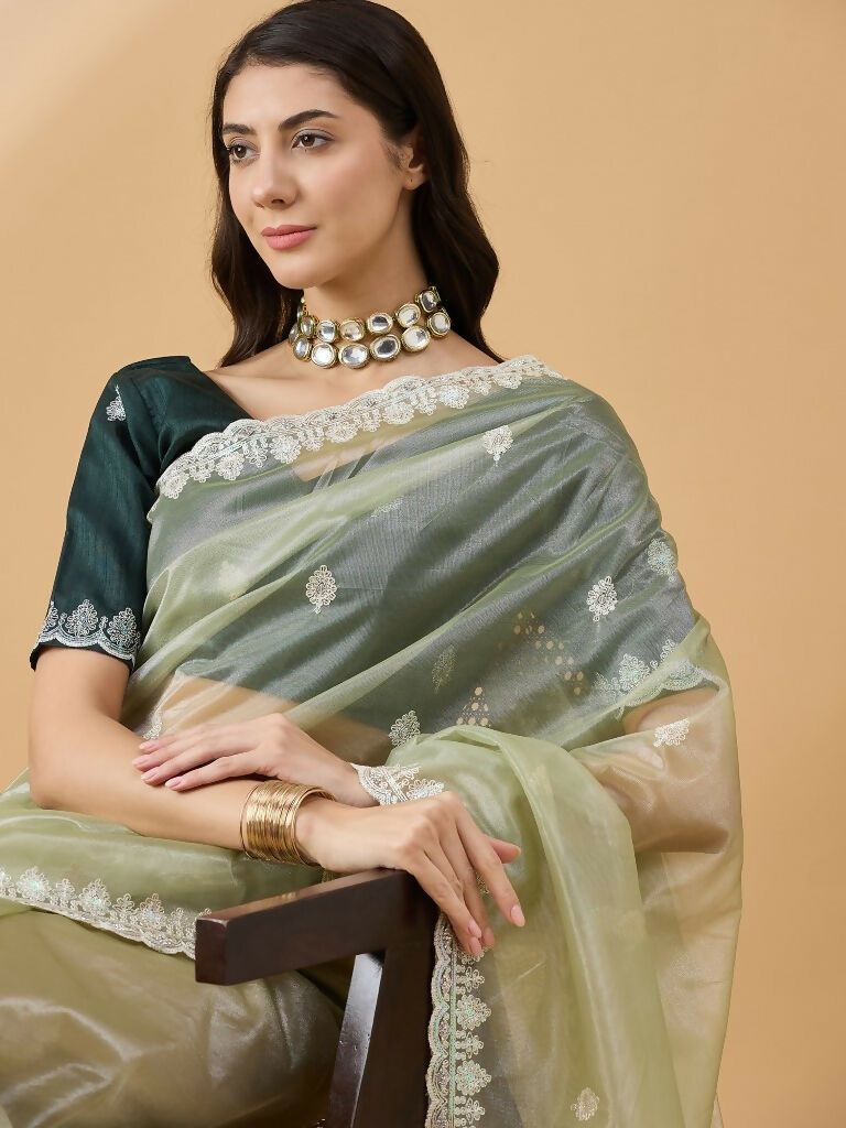 Green Organza Sequence Embroidered Saree with Unstitched Blouse - Satya