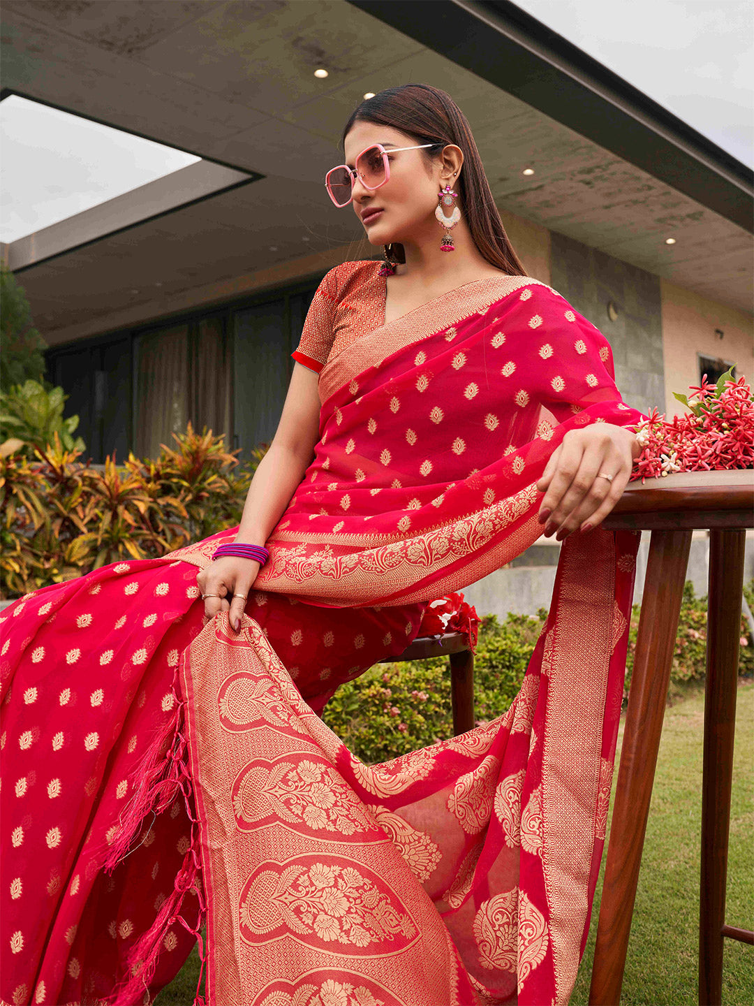 Tikhi Imli Pink Ethnic Motifs Woven Design Zari Grab2Buy 