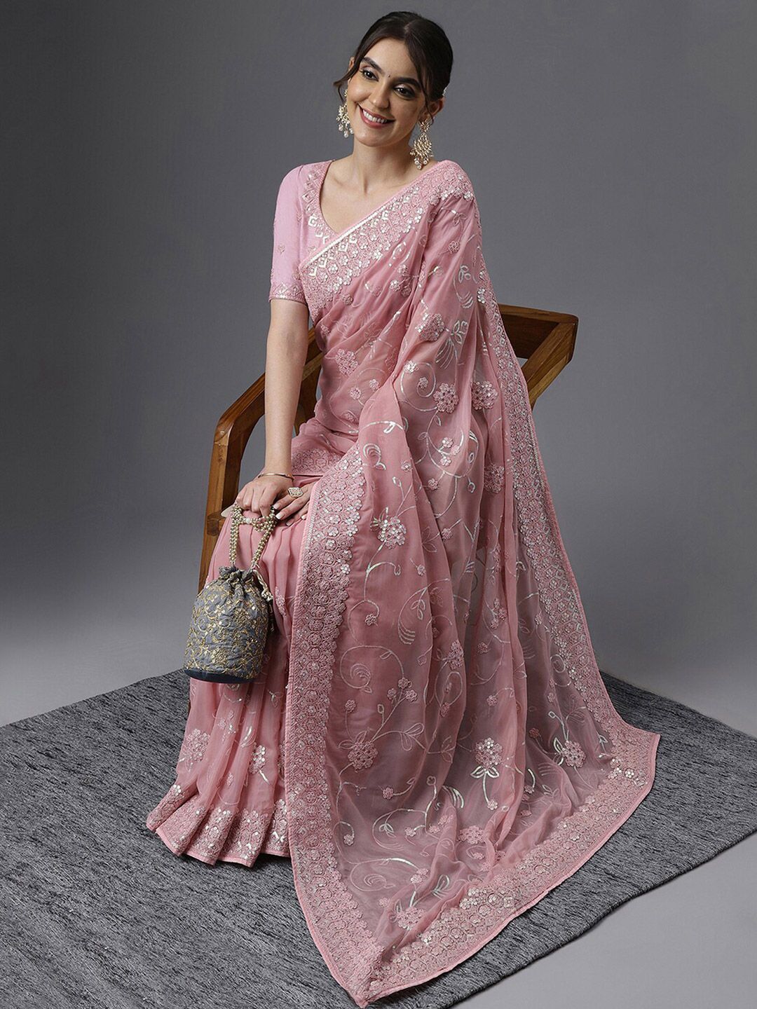 kasee Floral Embroidered Sequinned Organza Saree