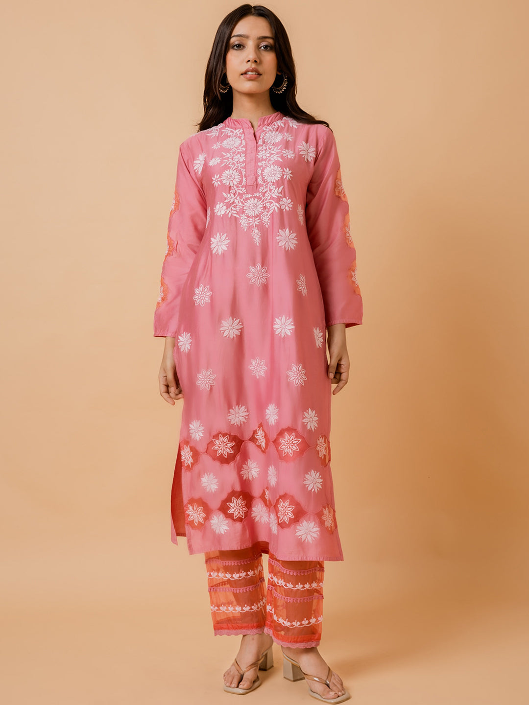 HOUSE OF KARI Ethnic Motifs Embroidered Chikankari Straight Chanderi Silk Kurta 