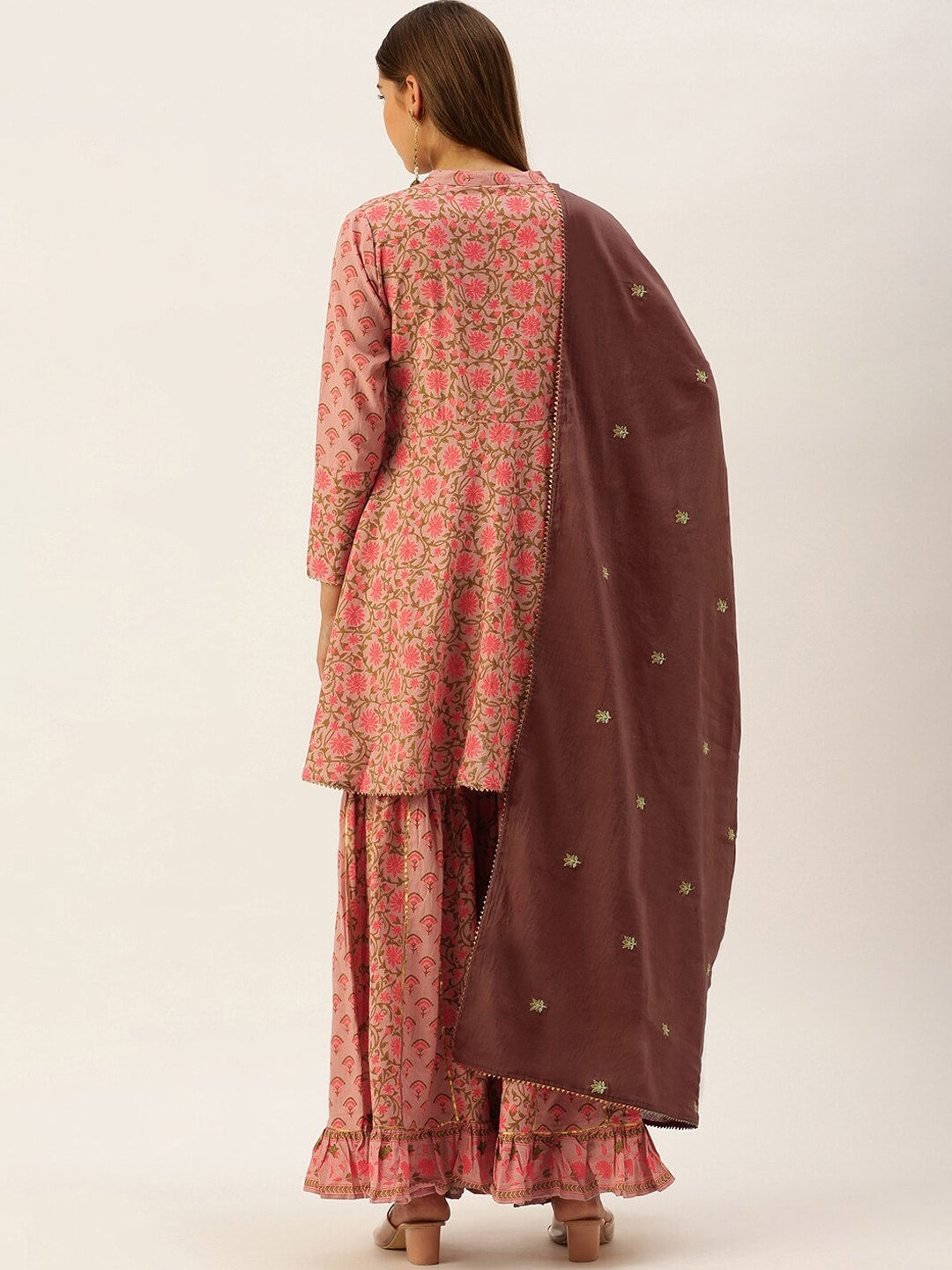 HERE&NOW Women Pink & Coffee Brown Printed Cotton Kurti with Sharara & With Dupatta