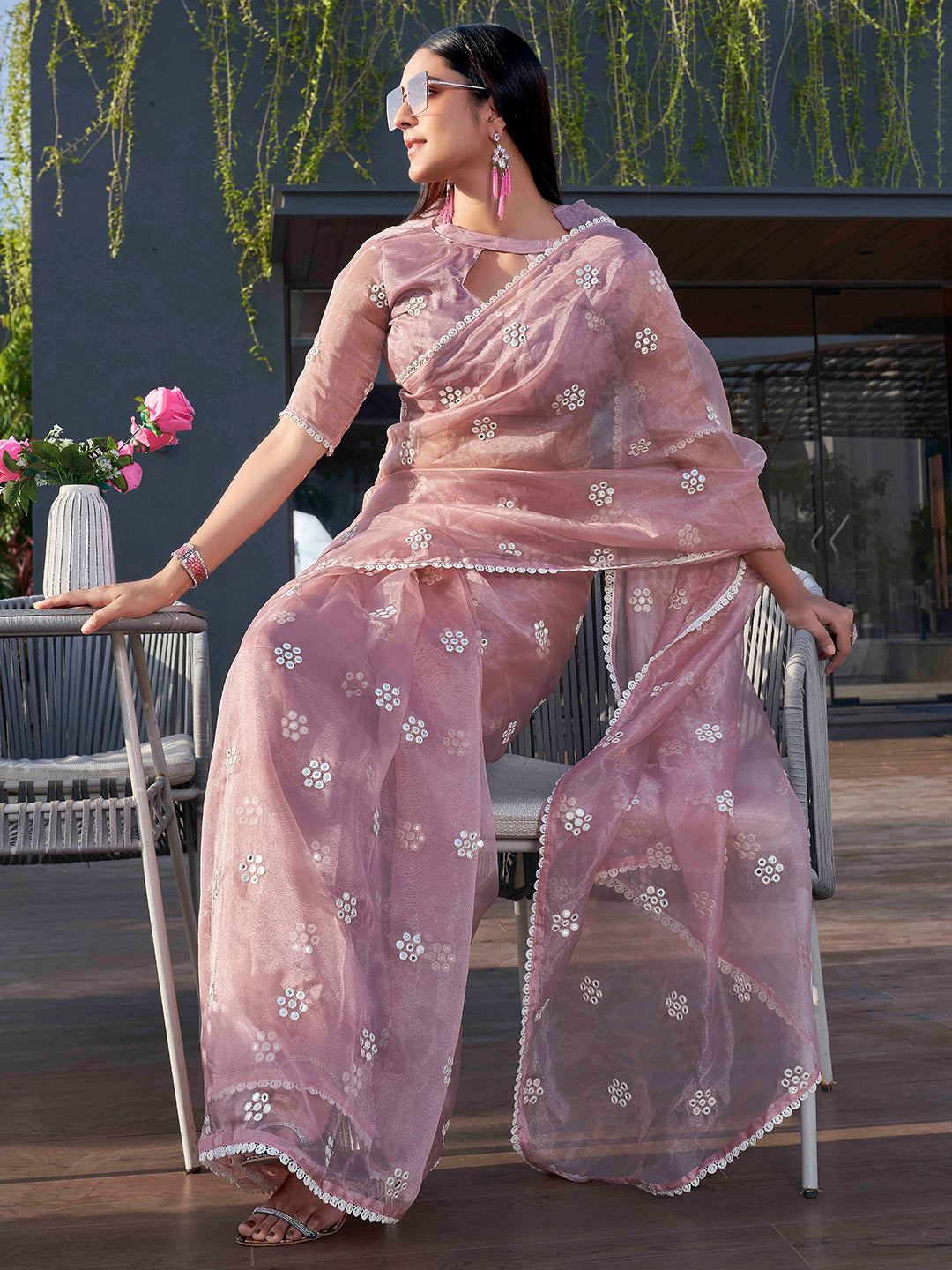 Tikhi Imli Pink Floral Embroidered Mirror Work Organza Grab2Buy 