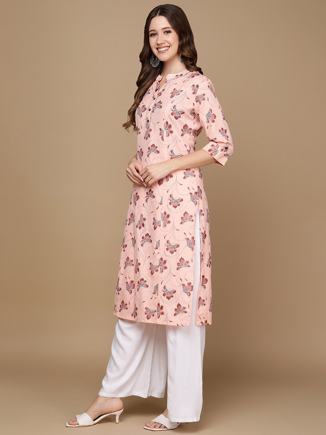 HERE&NOW Pink & Maroon Floral Printed Pure Cotton Kurta