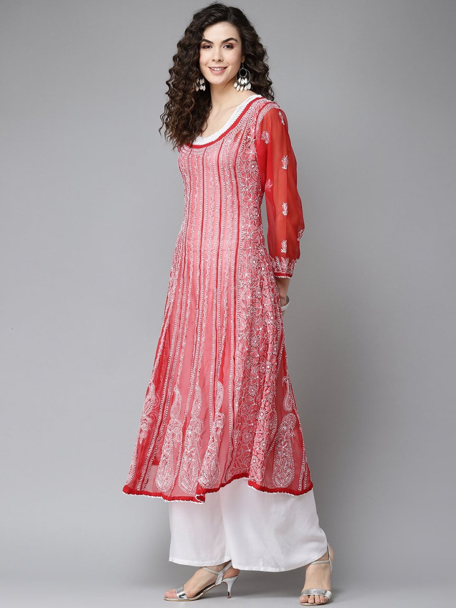 ADA Women Red & White Ethnic Motifs Embroidered Chikankari Georgette Kurta 