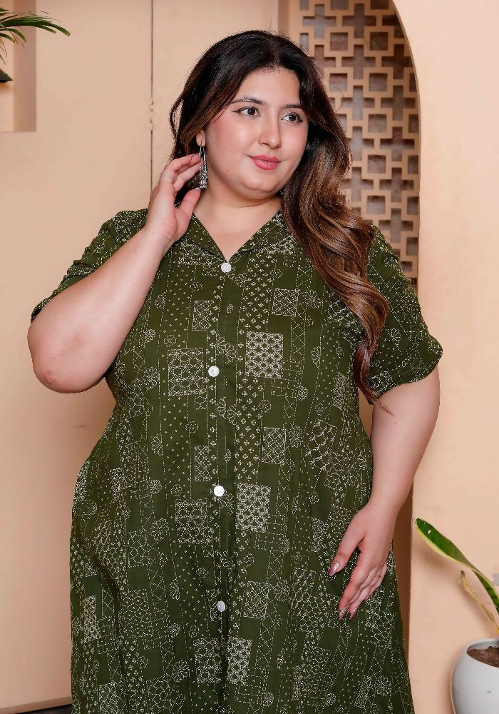 Miravan Womens Plus Size Pure Cotton Floral Printed Green Button Down A-Line Midi Dress