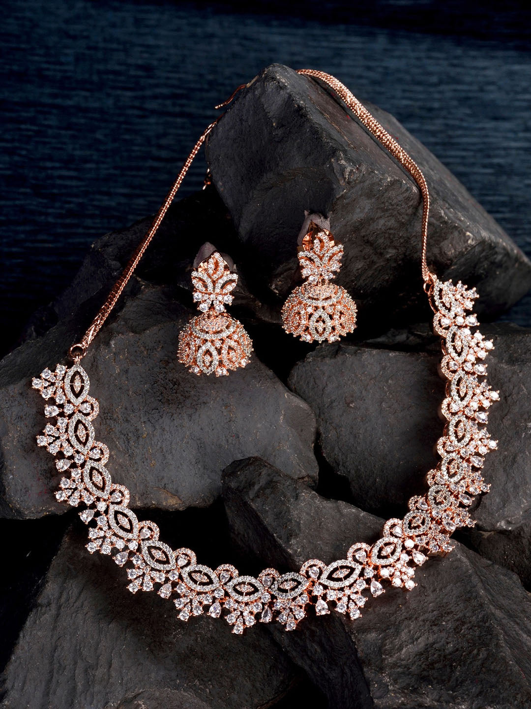 Saraf RS Jewellery Rose Gold-Plated & White AD & CZ-Studded Contemporary Jewellery Set - Grab2buy