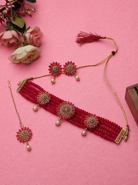 Cardinal Gold-Toned & Pink Onyx-Studded & Beaded Jewellery Set - Grab2buy
