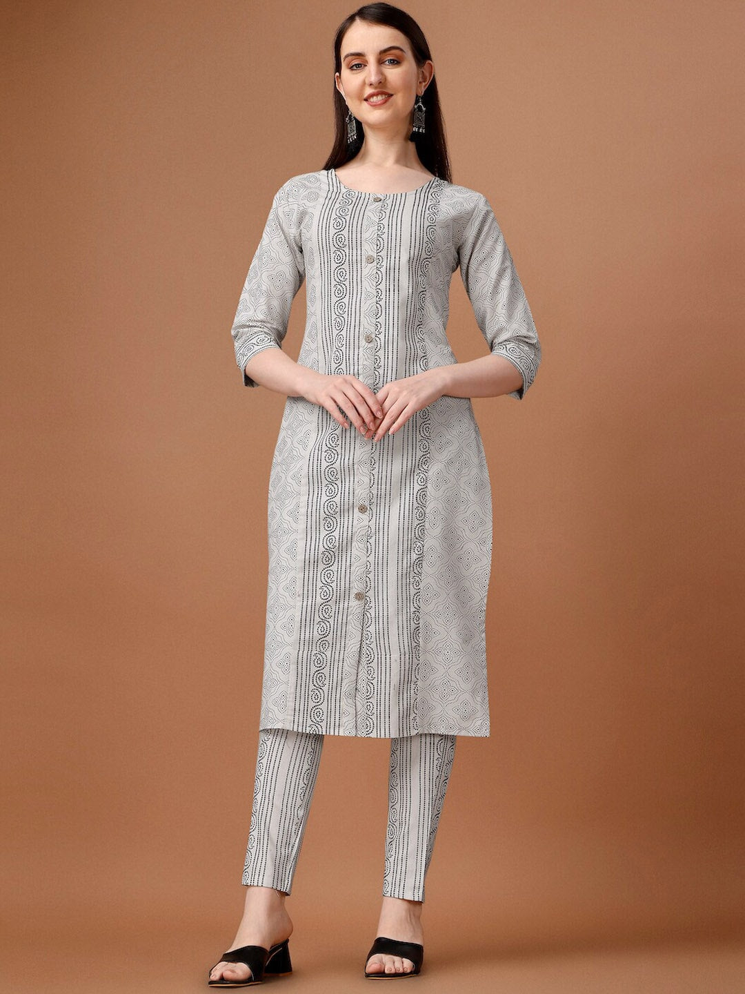 HERE&NOW White & Black Ethnic Motifs Printed Pure Cotton Kurta With Trousers & Dupatta