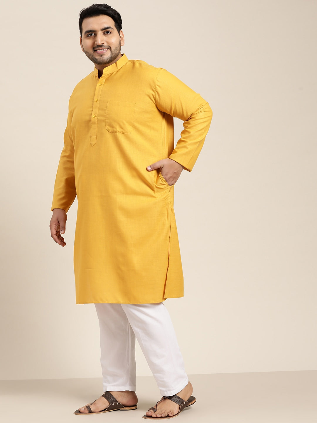 Sojanya Plus Size Men Mustard Yellow Pure Cotton Kurta 