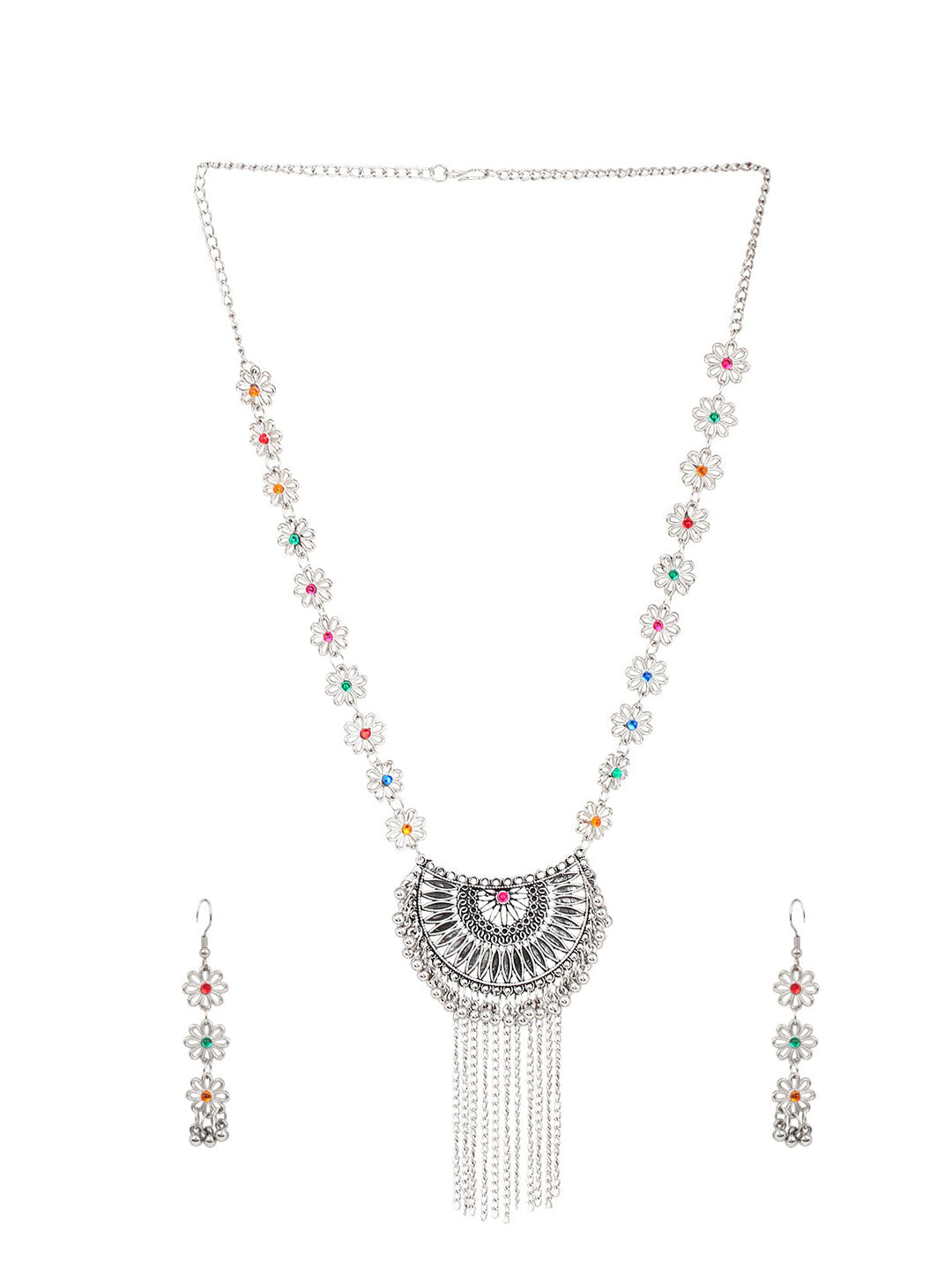 Cardinal Women Silver-Toned Pink & Yellow Stone Studded Jewellery Set - Grab2buy