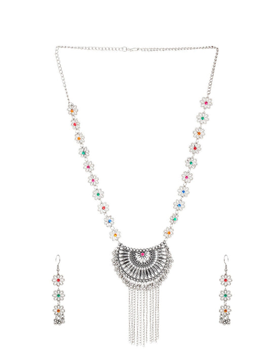 Cardinal Women Silver-Toned Pink & Yellow Stone Studded Jewellery Set - Grab2buy