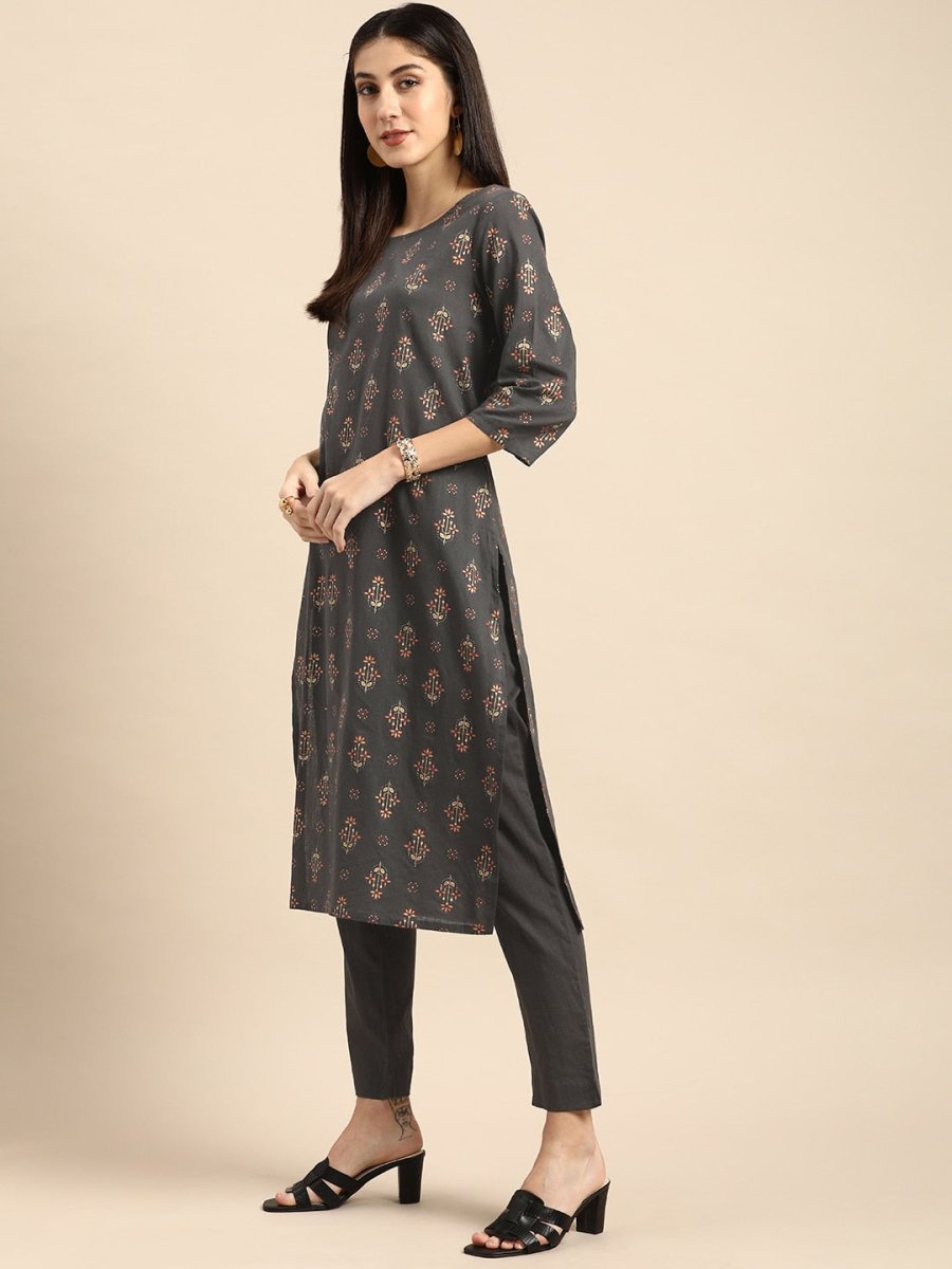 All About You Women Grey Ethnic Motifs Printed Pure Cotton Kurta with Trousers