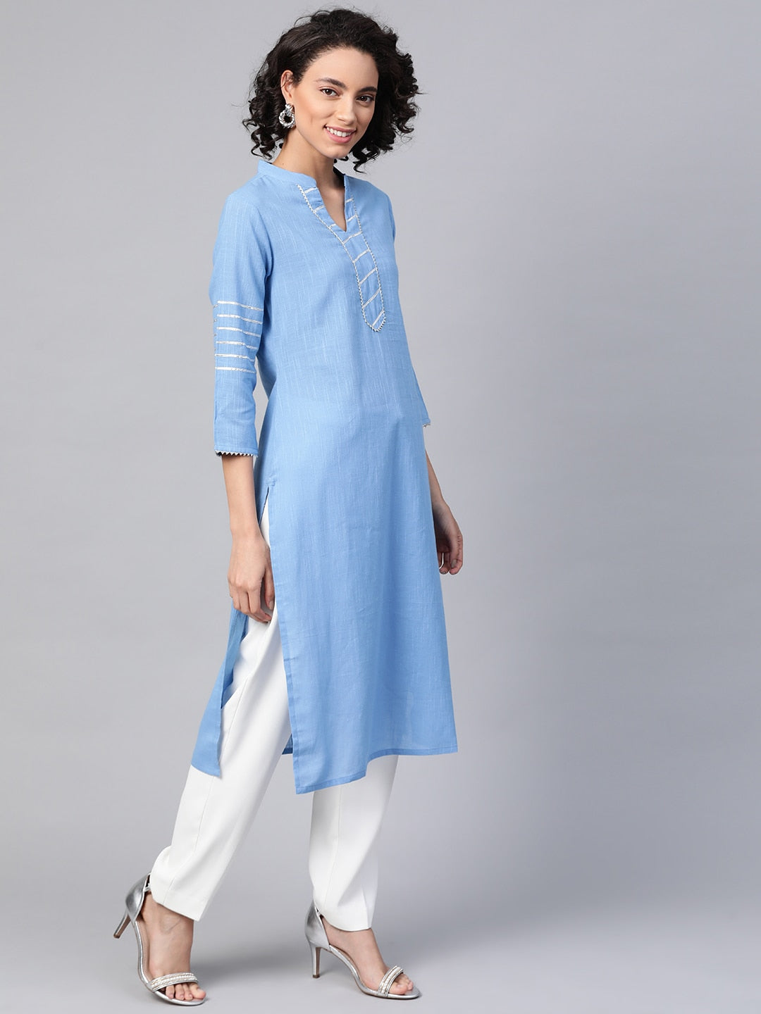 HERE&NOW Women Blue & White Pure Cotton Solid Straight Kurta