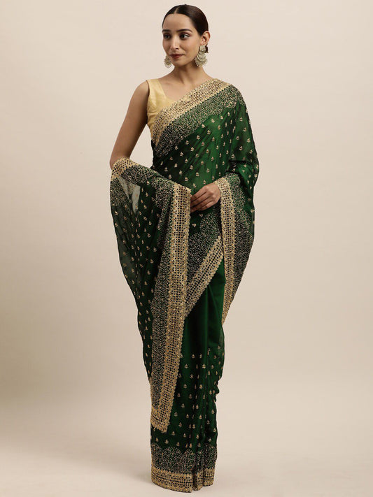 kasee Green & Gold-Toned Floral Embroidered Art Silk Saree